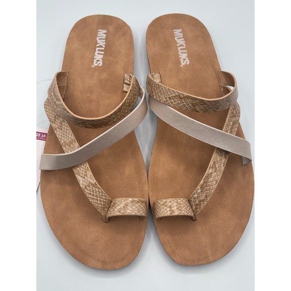 MUK LUKS Beige & Pearl Snake Embossed Criss Cross Strap About Town Sandal - Picture 1 of 8